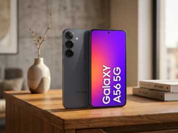 Un smartphone Samsung Galaxy A56 5G posé sur une table en bois, éclairage naturel, photographie de produit.