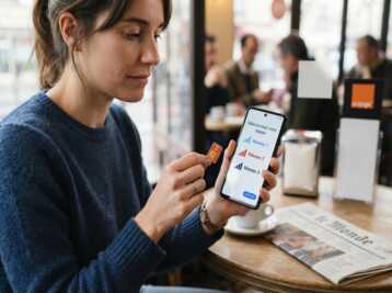 Une femme tient une carte SIM et un smartphone affichant une sélection de réseaux mobiles aux couleurs orange.