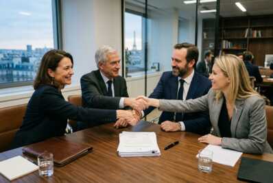 Quatre personnes se serrant la main après la signature d'un accord.