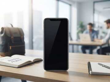 Smartphone avec écran noir posé sur un bureau dans un espace de travail.