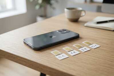 Smartphone posé sur un bureau avec des cartes SIM et des étiquettes de prix de 0, 1, 5 et 10 euros.