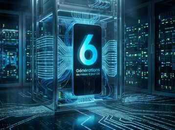 Un smartphone affichant le chiffre 6 dans un centre de données, éclairage bleu, style infographie numérique.