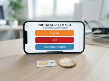 Smartphone affichant 200Go 5G dès 9.99€ avec choix de réseaux Orange, SFR et Bouygues Telecom, carte SIM et pièce d'un euro.