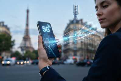 Smartphone moderne affichant une icône 5G avec des éléments graphiques numériques symbolisant le transfert de données.
