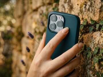 Main tenant un smartphone avec une coque bleue devant un mur en pierre.