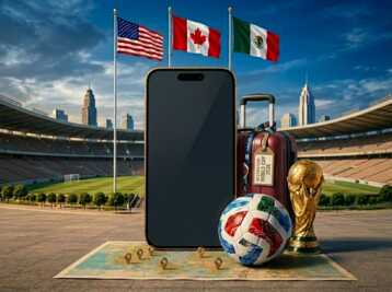 Smartphone sans carte SIM, ballon de football, trophée et valise devant les drapeaux des USA, Canada et Mexique.