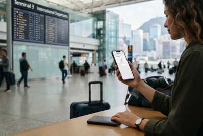Main tenant un smartphone affichant une interface de connexion eSIM dans un aéroport avec des accessoires de voyage.