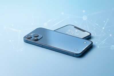 Smartphone sur fond bleu dégradé avec des motifs de réseau 5G.