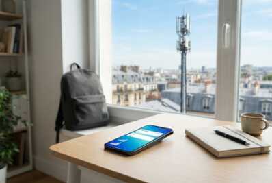 Smartphone sur un bureau avec fournitures scolaires, affichant une pleine réception réseau devant une antenne urbaine.