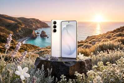Smartphone Samsung posé sur un rocher au milieu d'un champ de fleurs face à la mer au coucher du soleil.