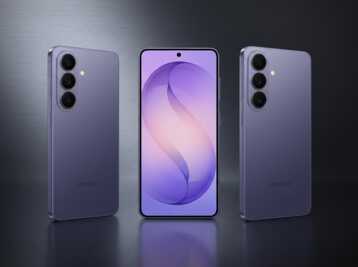 Trois vues d'un smartphone Samsung violet sur fond gris métallique.