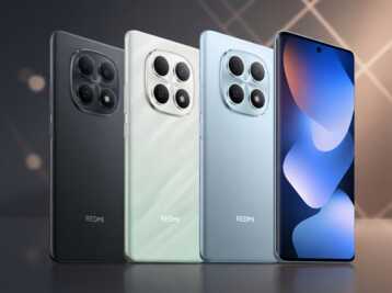 Trois smartphones Redmi de couleurs différentes alignés, montrant les faces arrière et un écran.