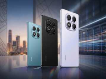 Trois smartphones Redmi de couleurs bleu, noir et violet posés sur une surface réfléchissante.
