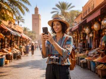 Une femme avec un chapeau et un appareil photo utilise son téléphone dans un marché de Marrakech.