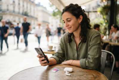 Jeune femme utilisant un smartphone à la terrasse d'un café avec une carte SIM posée à côté.