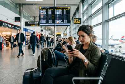 Un voyageur regarde son smartphone dans le hall d'un aéroport.