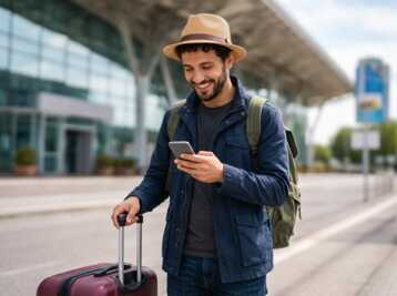 Une femme en tenue décontractée avec une valise bleue devant un aéroport, regardant son téléphone.