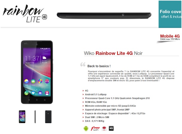 Wiko Rainbow Lote 4G chez Free Mobile avec etui offert