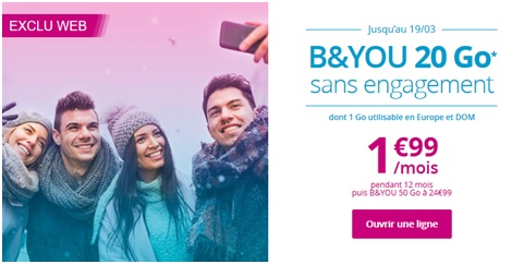 B&YOU Bouygues Telecom></center>
<p>Avec cette formule B&YOU, Bouygues Telecom met à votre disposition les appels et SMS illimités depuis et vers la France métropolitaine et DOM ainsi que les appels et SMS illimités depuis l’Europe et les DOM vers la France métropolitaine, l