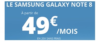 note8-20fois-sansfrais></center>
<h2>Les plus du Galaxy Note 8</h2>
<p>Le dernier né de la gamme Note est un réel succès, le Galaxy Note 8 est sorti en Août dernier. Son <strong>écran Infinity 6,3’’</strong> vous offre une surface au confort inédit pour profiter de vos meilleurs contenus et utiliser votre S Pen. Côté performances, le Galaxy Note8 repousse encore une fois les limites de la puissance. Avec son<strong> processeur gravé à 10 nm et ses 6 Go de RAM</strong>, les applications puissantes tourneront sans problème et sans ralentissement. Ce Samsung embarque 64Go de stockage extensible jusqu’à 256Go en ajoutant une carte mémoire Micro SD.  Il est livré avec la version Android 7.1.1. et possède une batterie de 3300MmAh. Le Note 8 est compatible avec la charge sans fil, Wifi et 4G+. En matière de sécurité, le Galaxy Note 8 dispose des dernières innovations pour déverrouiller votre smartphone en un seul geste. Déverrouillez avec votre regard par la reconnaissance d