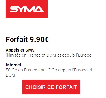 Forfait essentiel syma mobile 50Go à 9,90 euros