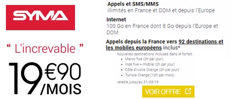 le forfait Syma Mobile 100go international