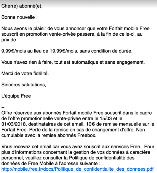 Mail Free Mobile Vente Privée