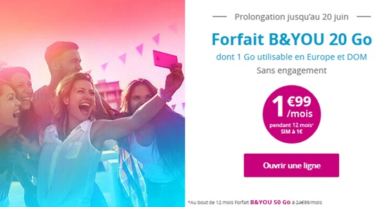 Prolongation ! Le forfait B&YOU 20Go à 1.99 euros disponible encore pendant 5 jours chez Bouygues Telecom