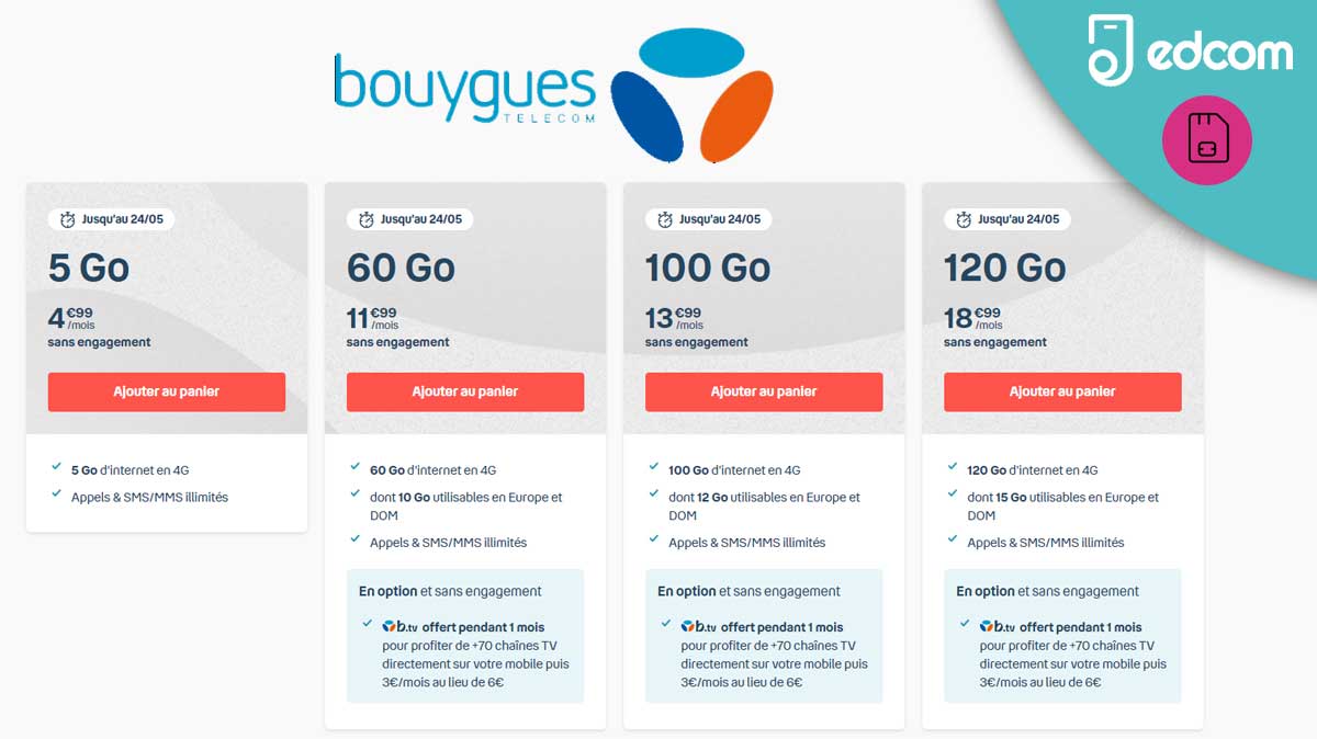 B.tv offert avec les nouveaux forfaits B&You 60Go et plus et la promo 5Go toujours à 4.99€ par mois