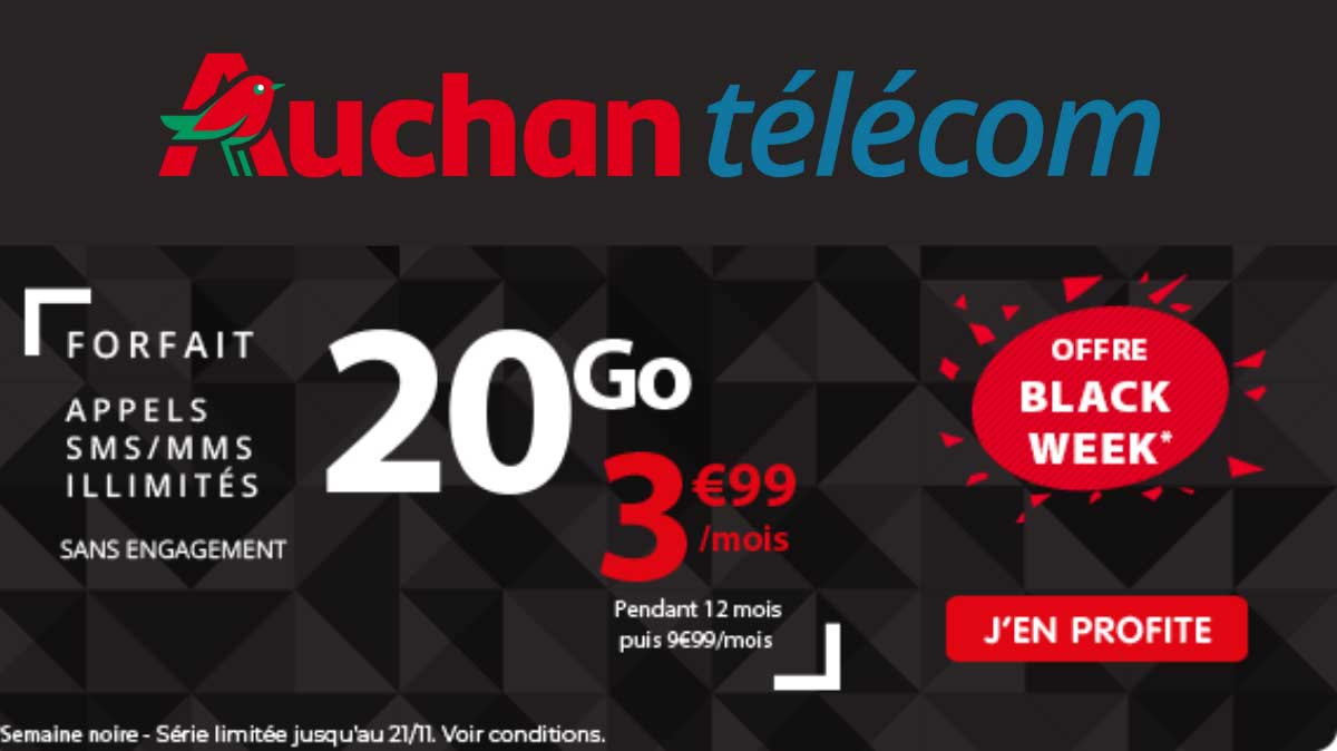 BLACK WEEK d’Auchan Telecom : obtenez un forfait mobile 20 Go à seulement 3,99 € !