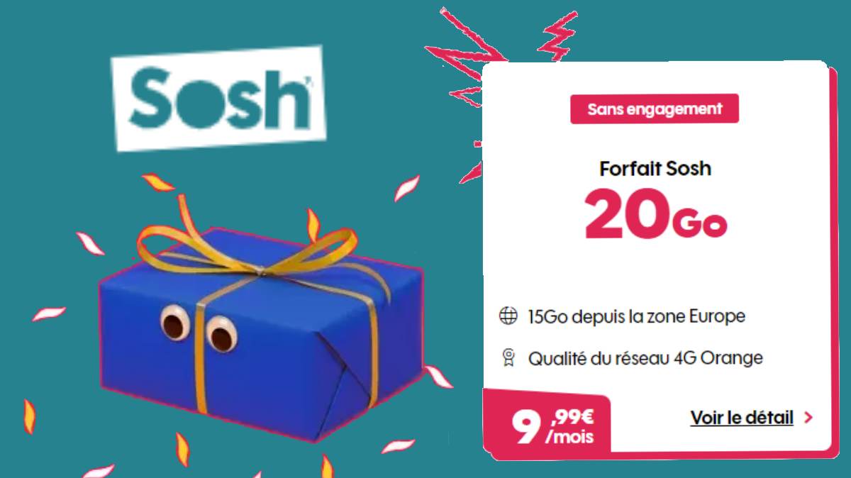 Bon plan de Noël chez SOSH : un forfait mobile 20Go à 9,99€/mois, sans engagement sur le réseau mobile numéro 1 Orange