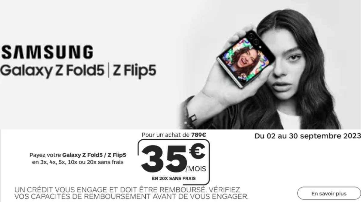 Bonus sur reprise et paiement en 20x sans frais pour votre Galaxy Z Flip 5 ou Galaxy Z Fold 5 chez Boulanger