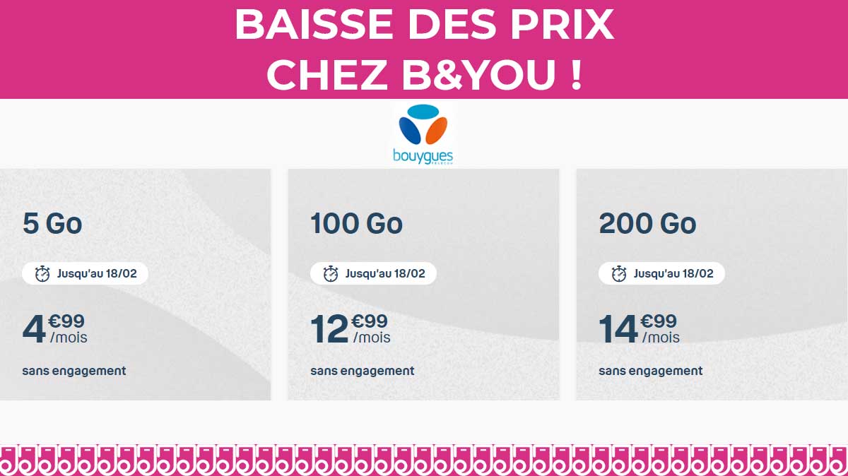 Bouygues Telecom  baisse le prix de ses forfaits mobiles sans engagement dès 4,99€ jusqu'au 18 février !