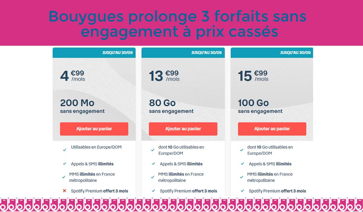 Bouygues prolonge 3 forfaits sans engagement à prix cassés
