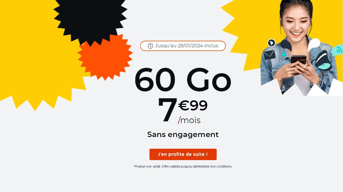 Cet excellent forfait mobile 60Go à seulement 7.99€ avec carte SIM à 1€ est prolongé chez Cdiscount Mobile