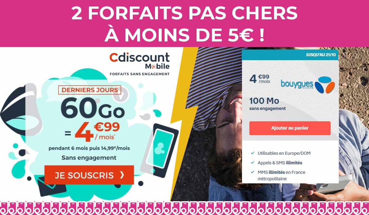 Découvrez deux forfaits mobiles pas chers à moins de 5€ chez Cdiscount Mobile et B&You !