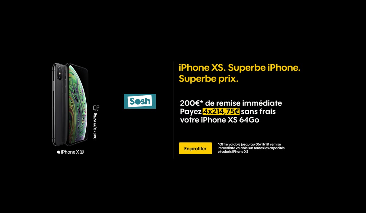 IPhone Xs : 200€ de remise immédiate et paiement en plusieurs fois sans frais chez SOSH