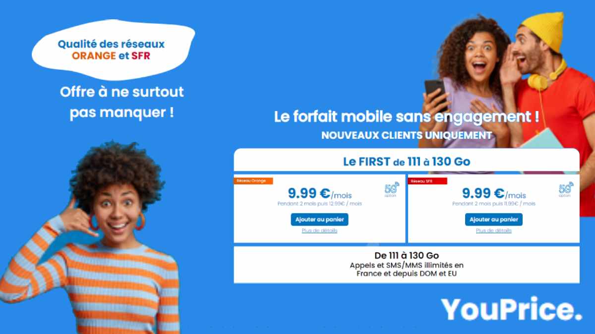 Le bon plan YouPrice avec un forfait mobile flexible jusqu'à 130Go dès 9.99€ sur le réseau Orange ou SFR arrive à sa fin