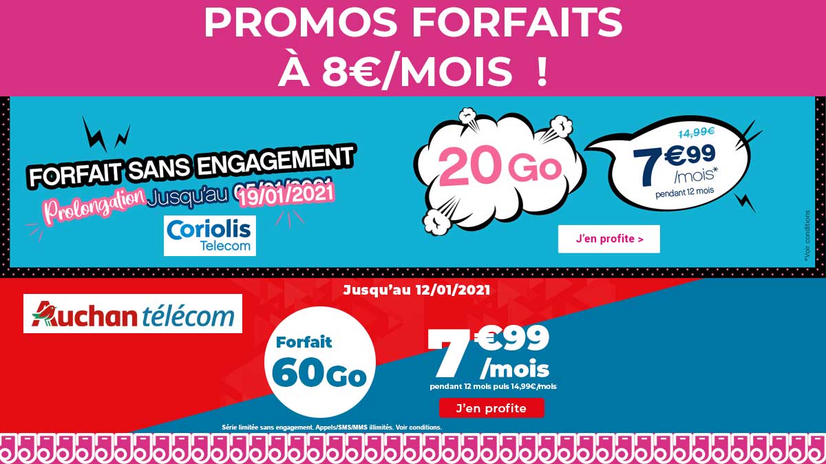 Moins de 8€ pour un forfait sans engagement avec les promos Coriolis et Auchan Télécom