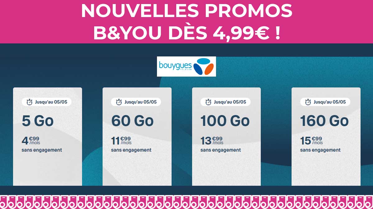 NOUVELLES PROMOS : 4 forfaits mobiles sans engagement dès 4,99€ disponibles chez Bouygues Telecom !