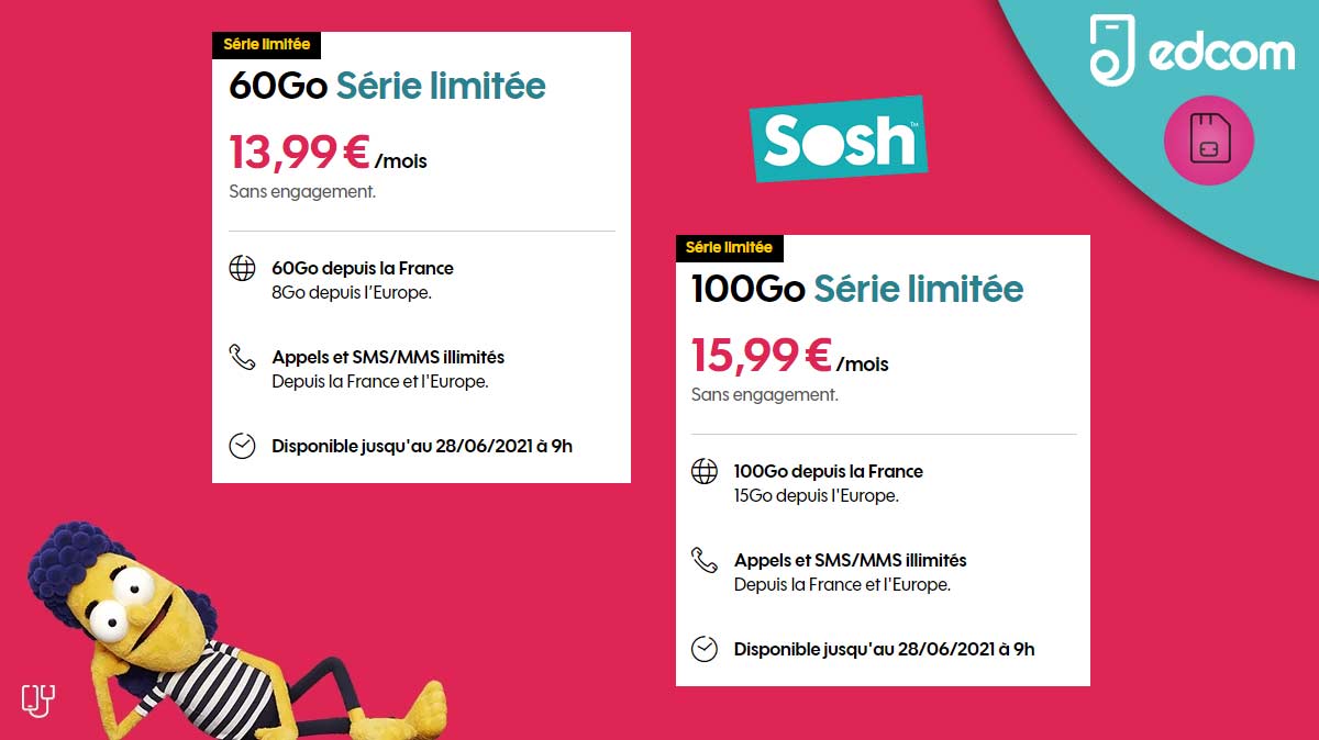 Nouvelles promos SOSH : Deux forfaits mobiles sans engagement avec 60Go ou 100Go de 4G