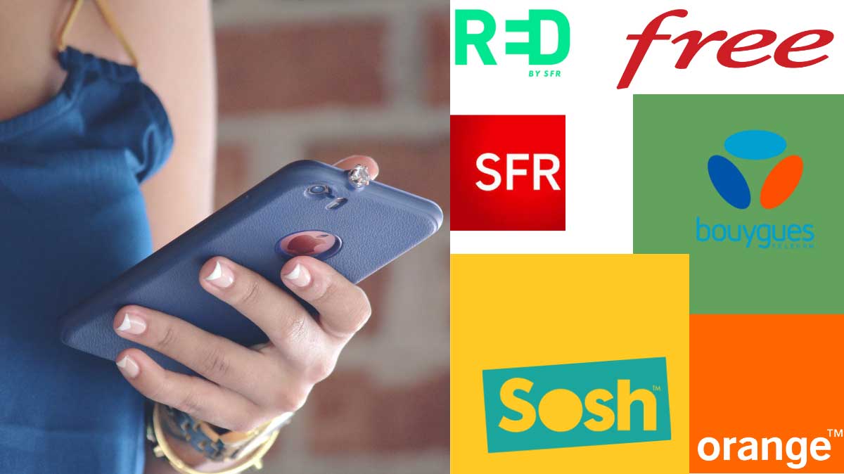 femme avec son smartphone et les logos orange, sosh, red, bouygues, free et sfr