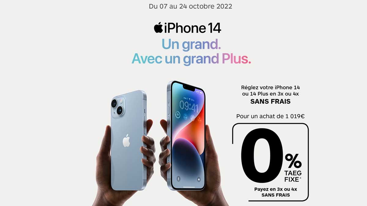 Payez l'iPhone 14 ou 14 Plus en 4 fois sans frais avec l'offre de financement chez Boulanger