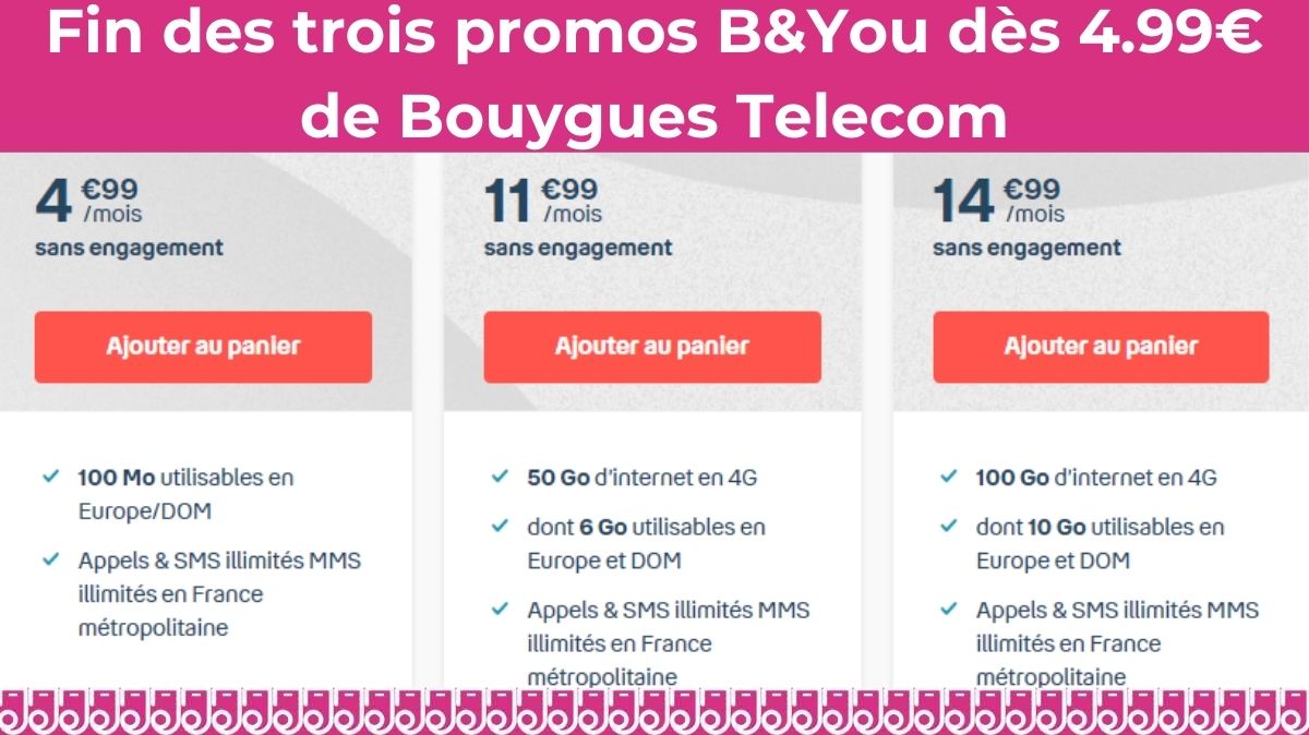 Promo de dernière minute : les trois forfaits mobiles dès 4.99€ par mois chez Bouygues Telecom
