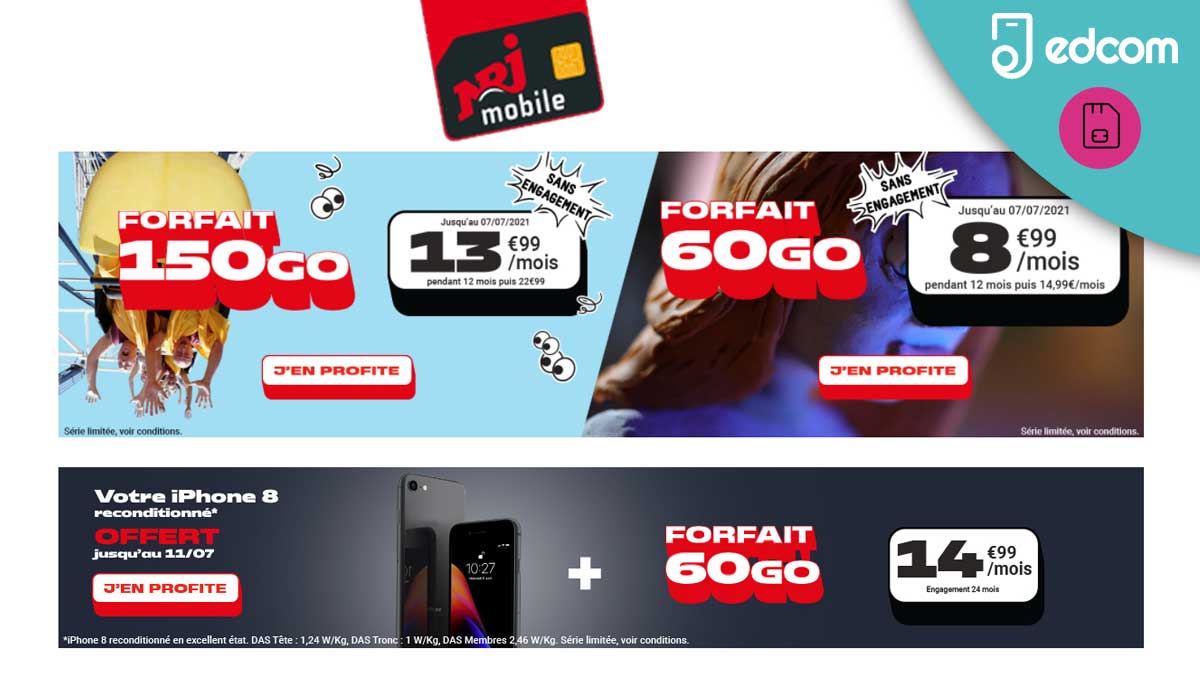 Soldes NRJ Mobile  : Deux forfaits pas chers et un pack iPhone 8 offert + forfait 60Go