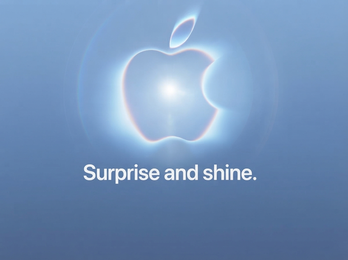 Logo Apple entouré d'un halo lumineux sur fond bleu avec le texte Surprise and shine.