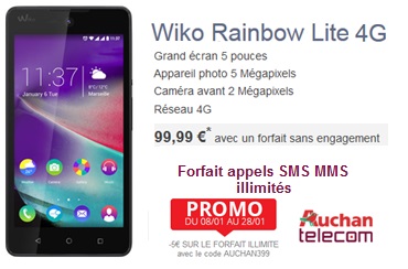 Bon plan : Wiko Rainbow Lite 4G et forfait illimité à petit prix chez Auchan Telecom !