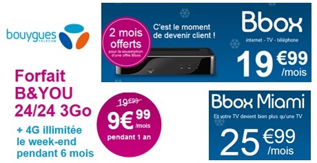 Bouygues Telecom : Bbox à 19.99€ avec 2 mois offerts + forfait illimité 3Go à 9.99€ !