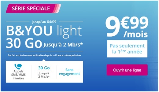 La Série Spéciale B&YOU Light 30Go à 9.99 euros chez Bouygues Telecom expire ce soir