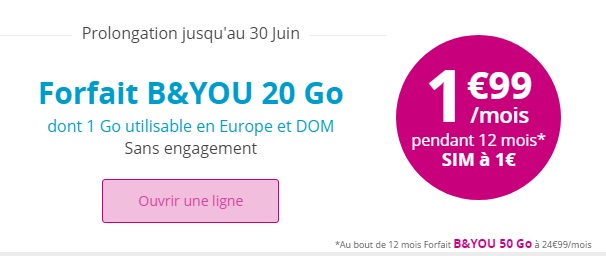 Bonne nouvelle ! Le forfait B&YOU 20Go à 1.99 euros est disponible jusqu'au 04 juillet chez Bouygues Telecom